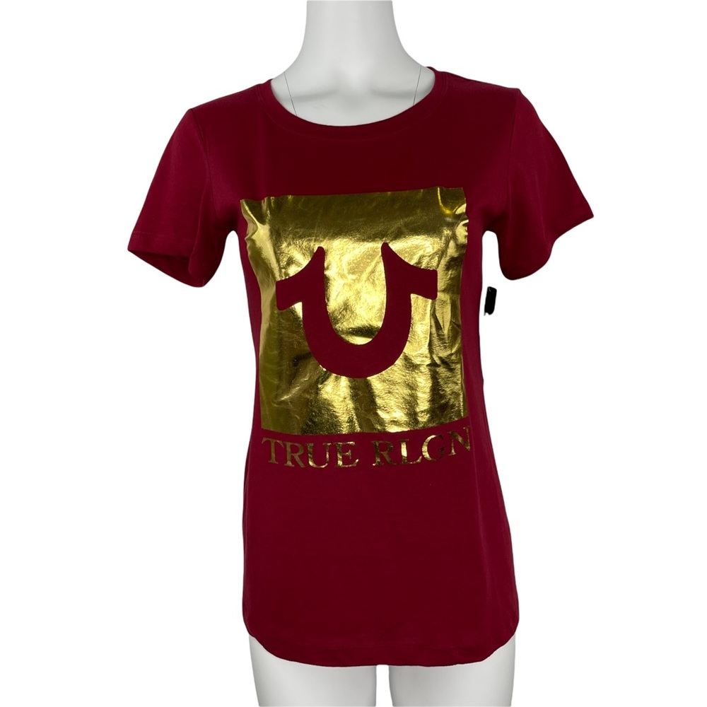 NWT True Religion Metallic Horseshoe Gold Logo Port Red S Small